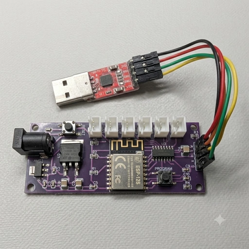 The complete wiring: the CP2102 adapter connected with the 4 dupont wires to the serial header on the right edge of the board