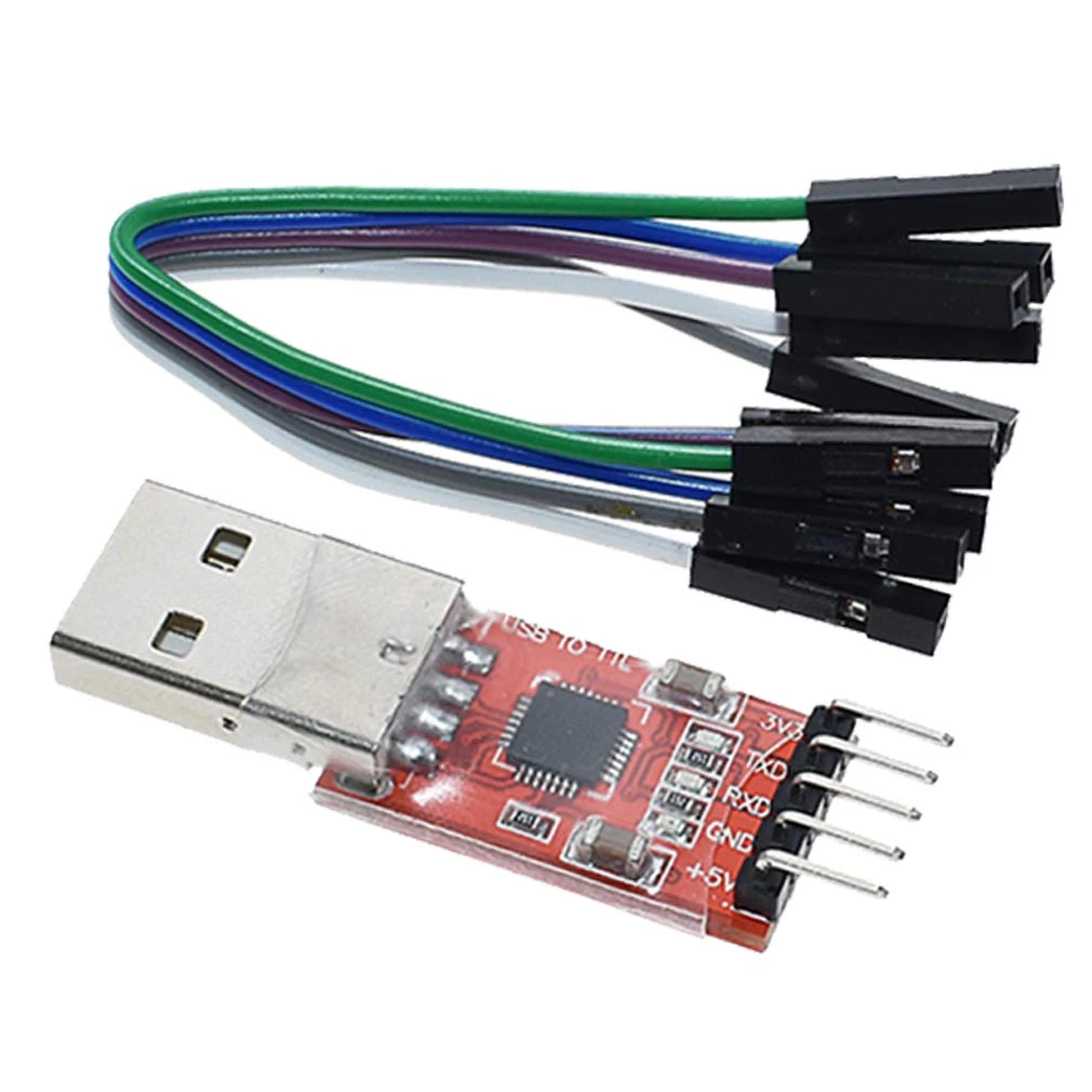 CP2102 adapter with the 3V3, TXD, RXD, GND and +5V pins and the included dupont wires