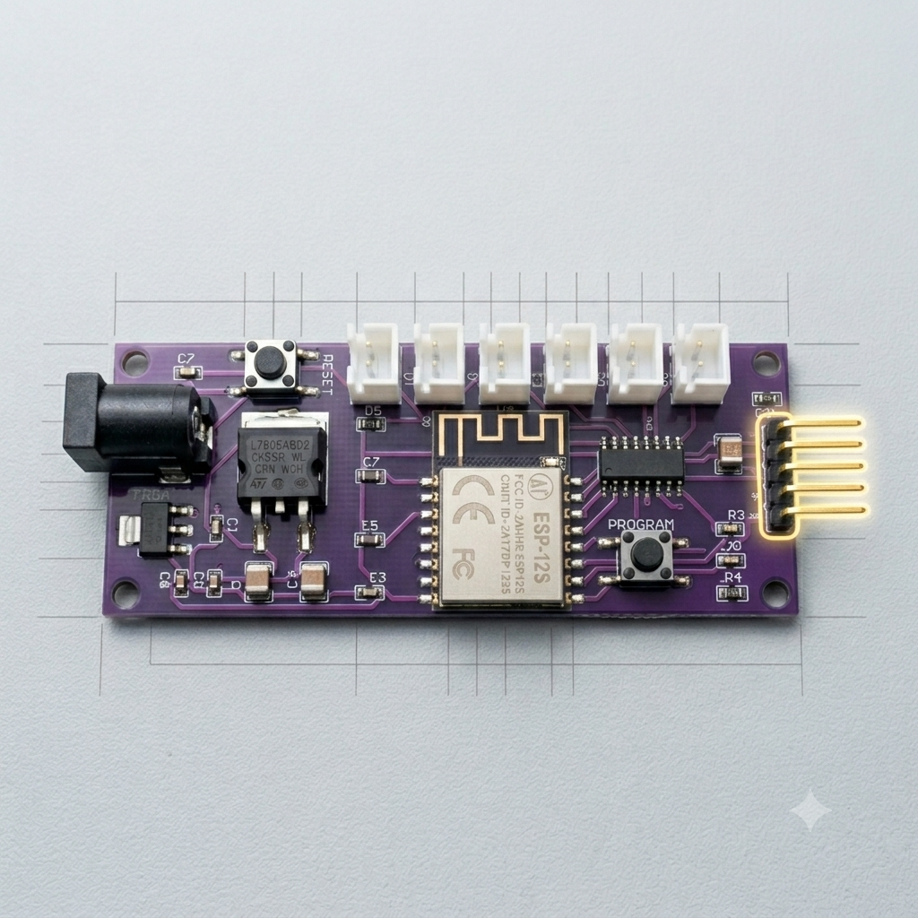 The dosing pump board: the serial pin header is on the right edge and the PROGRAM button is the one next to the pins