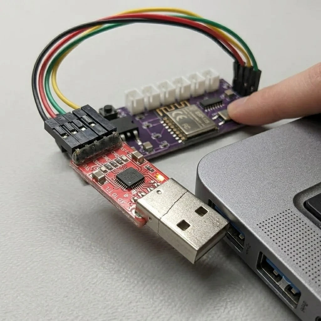 The sequence: a finger holds down the PROGRAM button while the CP2102 adapter goes into the PC's USB port