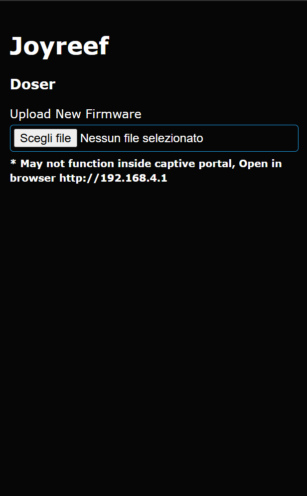 Firmware upload page: field to select the Dosing pump's .bin file