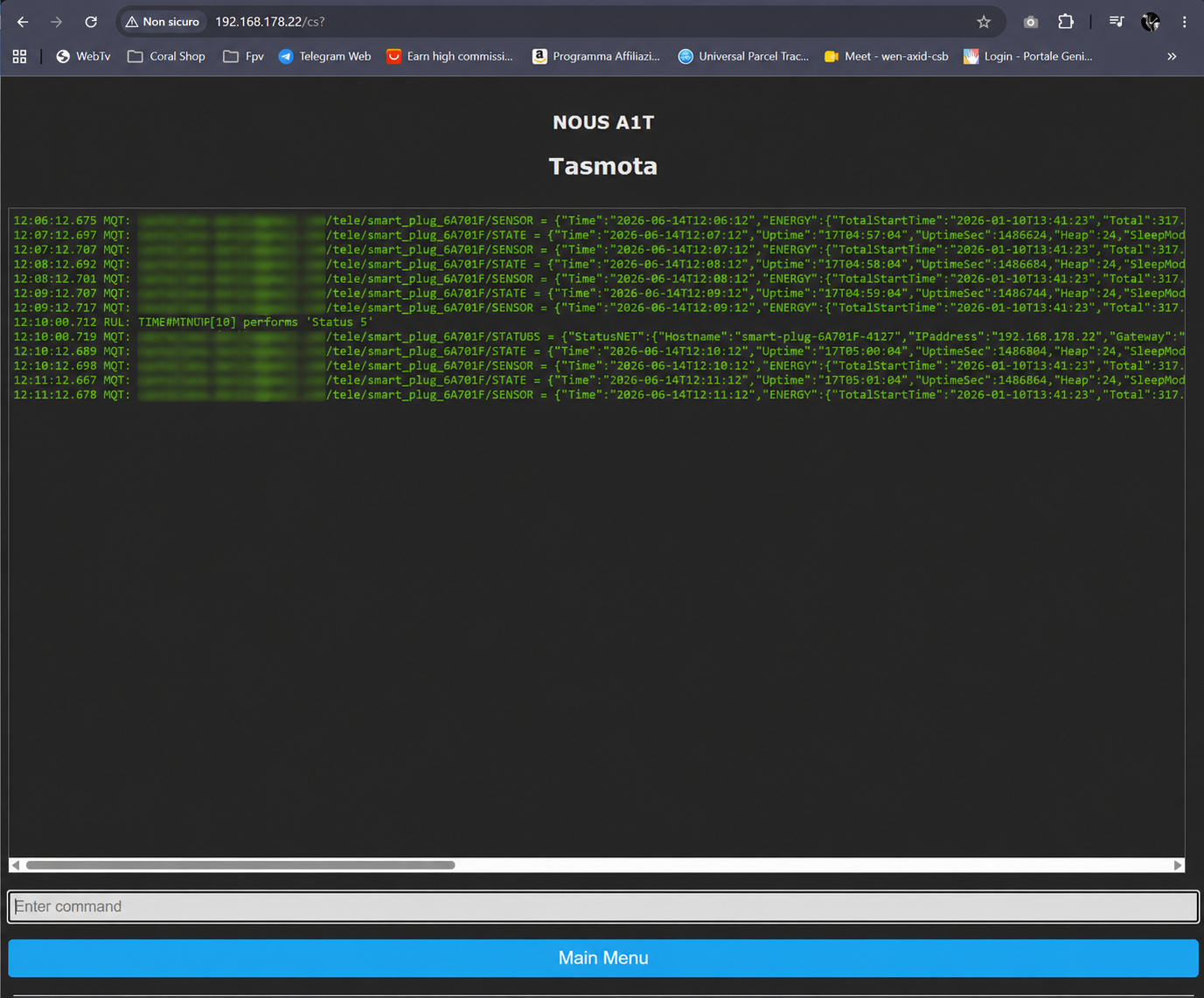 Tasmota console: MQTT log lines and the input line at the bottom