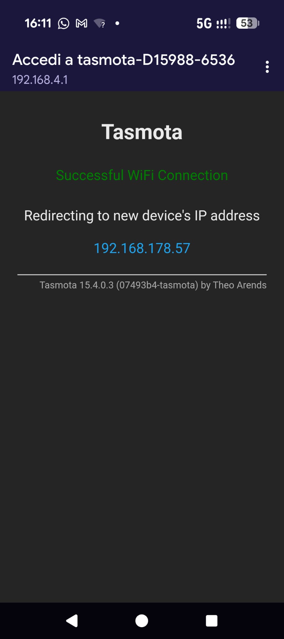 Tasmota WiFi connection confirmed: redirect to the device's local IP