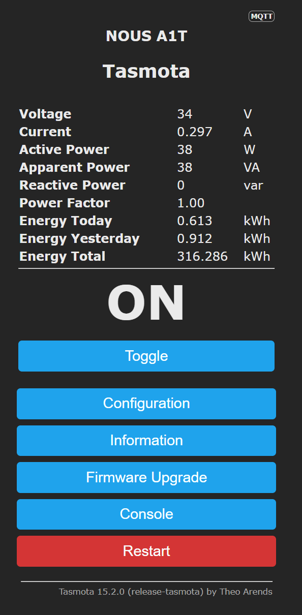 Tasmota plug main page: power readings, ON/OFF toggle and menu